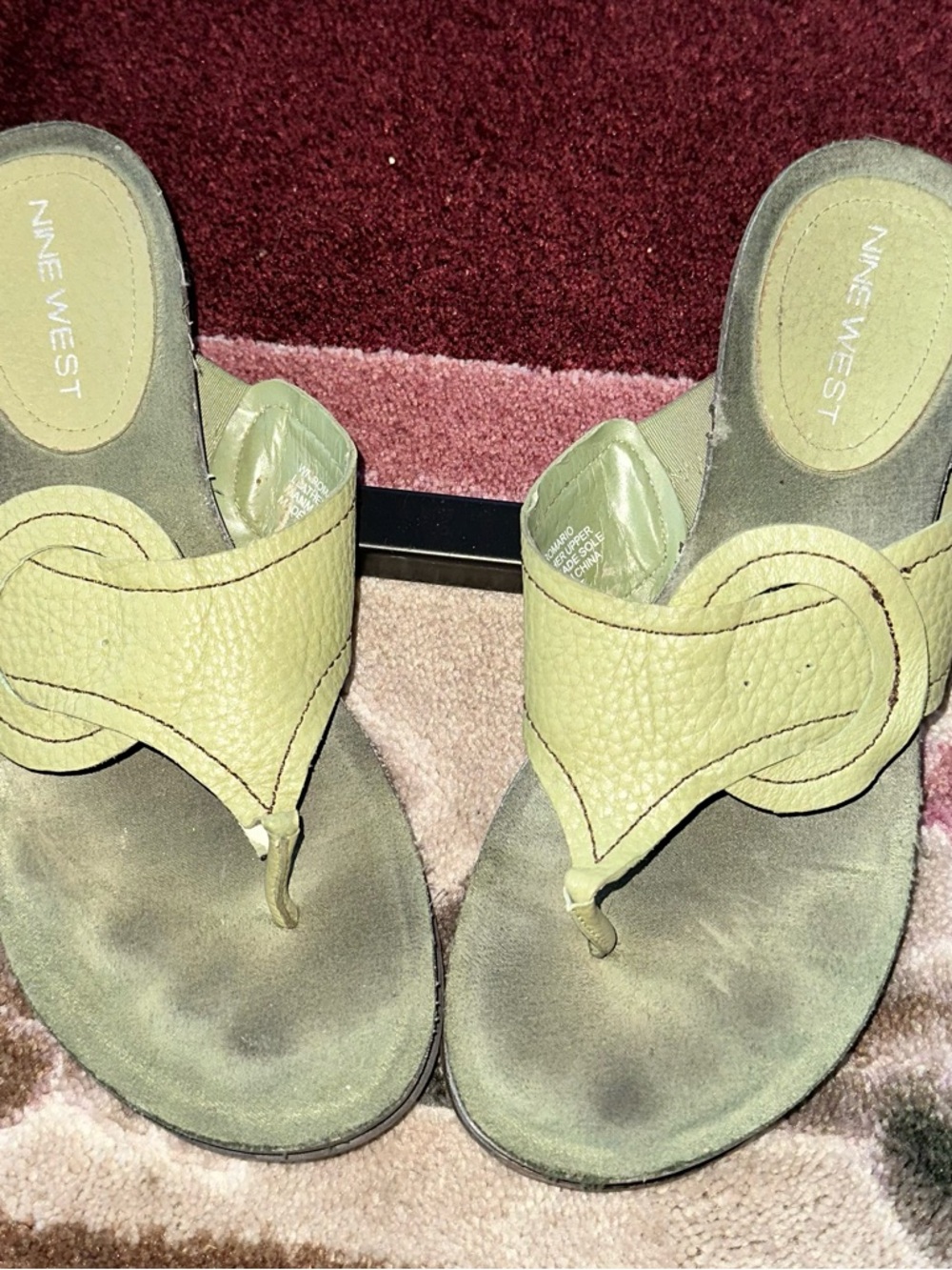 Nine West Olive Green Leather Thong Sandals with Circular Accent